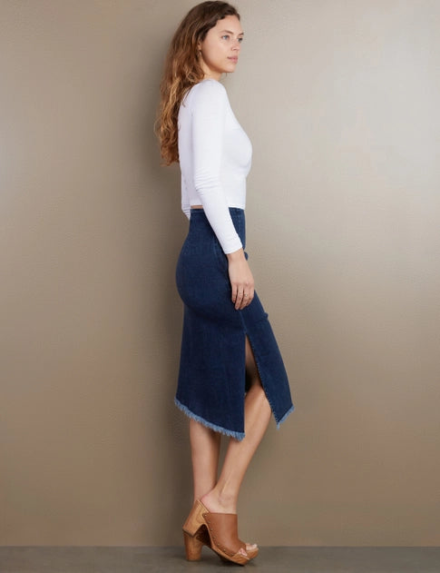 Denim Bustle Midi Skirt