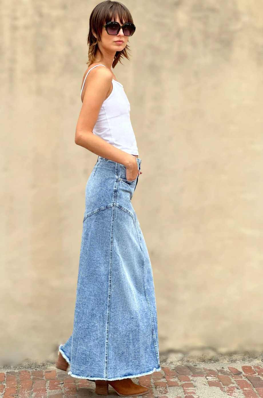 Pieced Denim Maxi Skirt