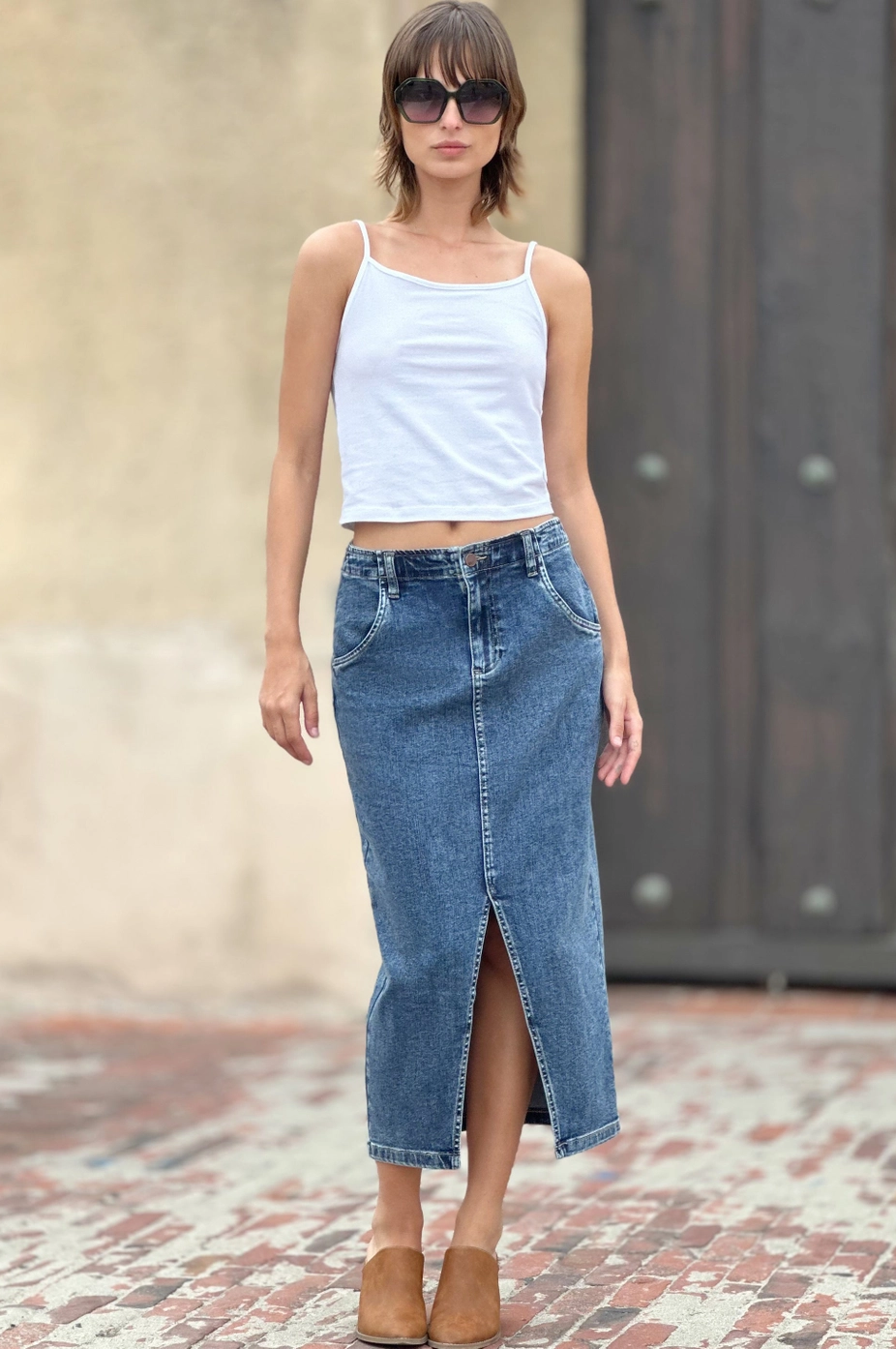 Slit Denim Midi Skirt