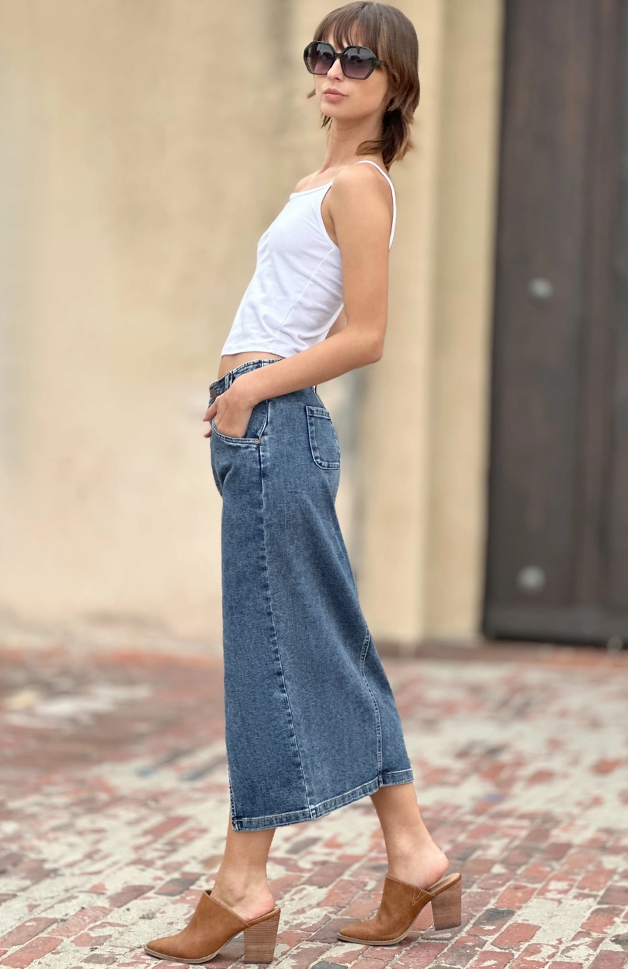 Slit Denim Midi Skirt